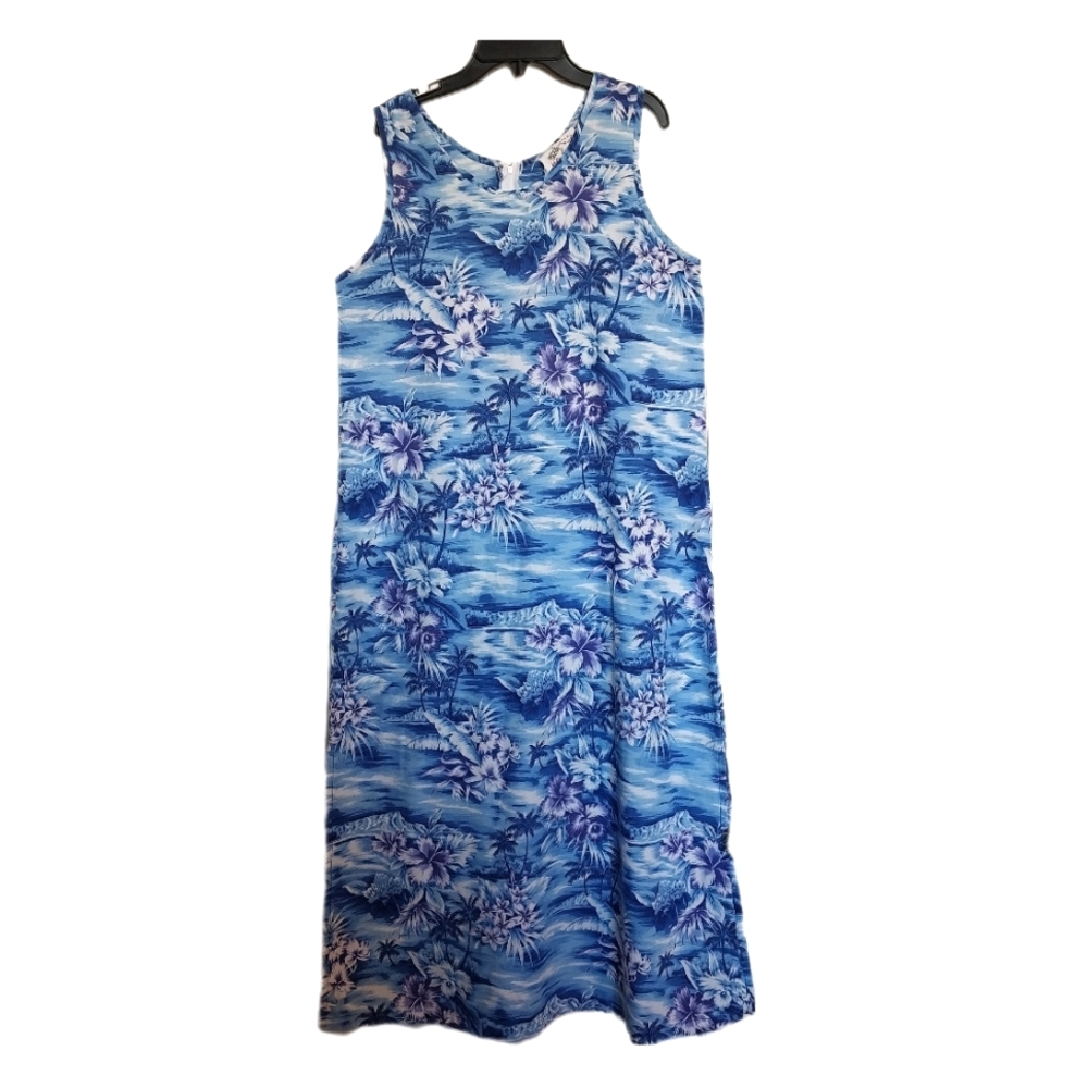 VTG Blue Hawaiian Floral Print Slit Dress